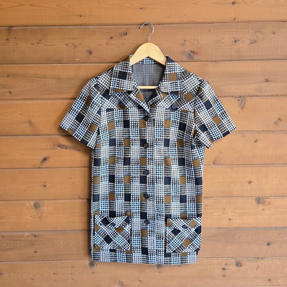 Vintage Handmade Disco Mod Top 70's Plaid Pocket Blouse Button Down Retro Shirt